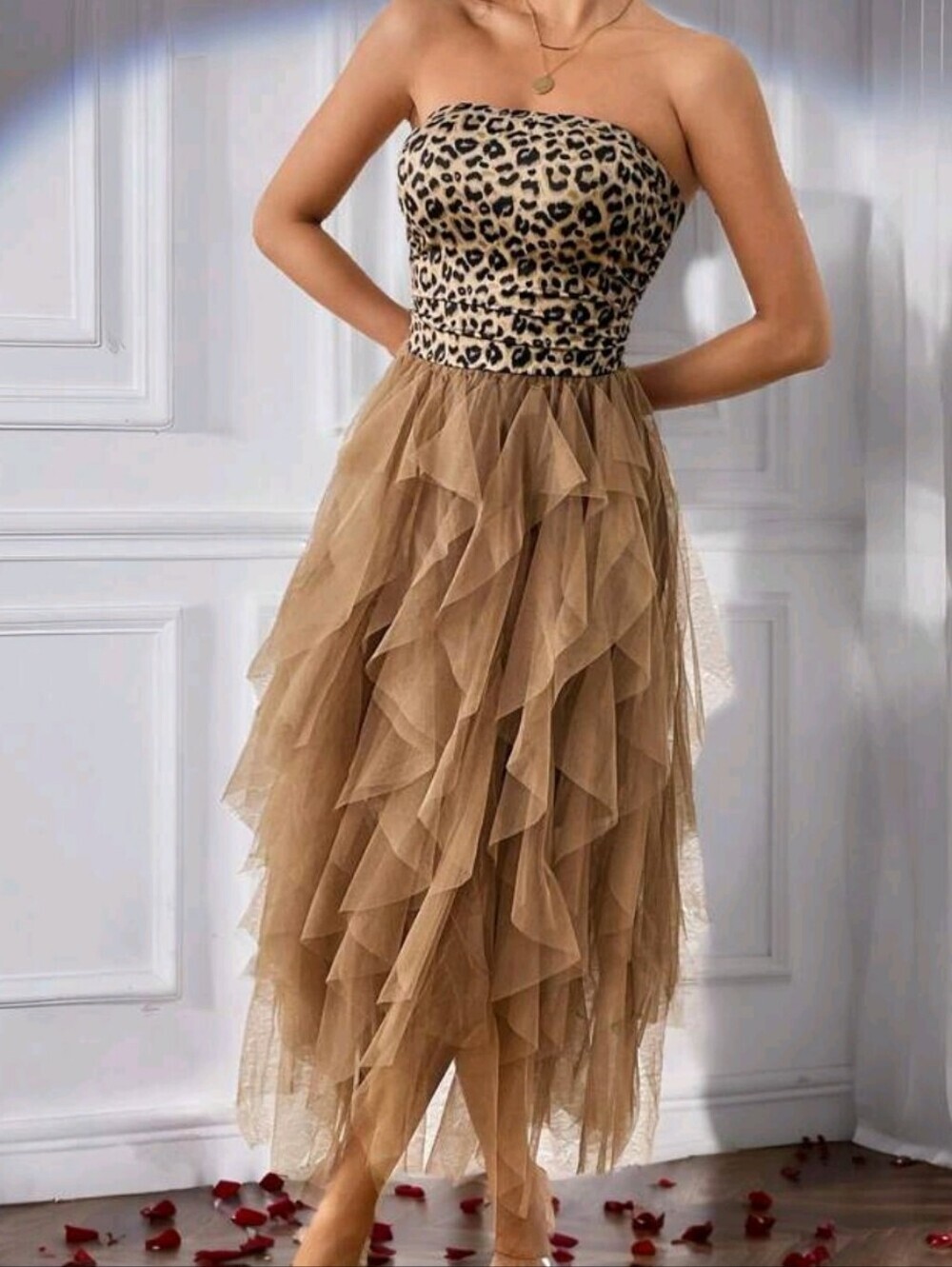 Strapless Leopard Bodice Ruffled Tulle Skirt Midi Dress - Brown/Beige